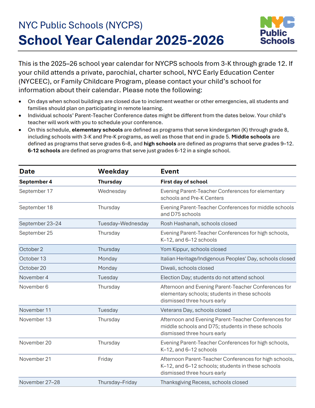 New York City Public Schools 2025-2026 Calendar