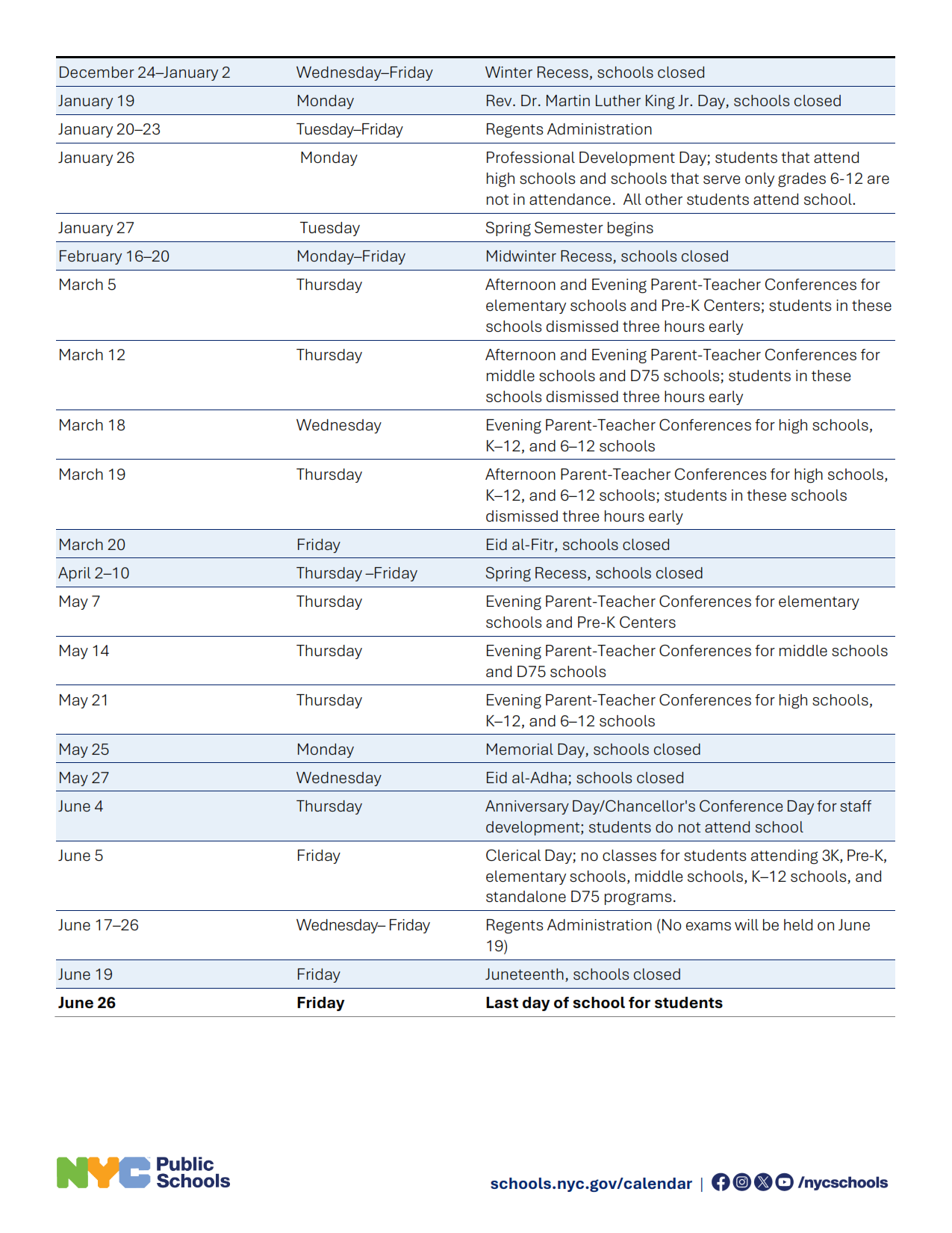 New York City Public Schools Calendar 2025-2026.
