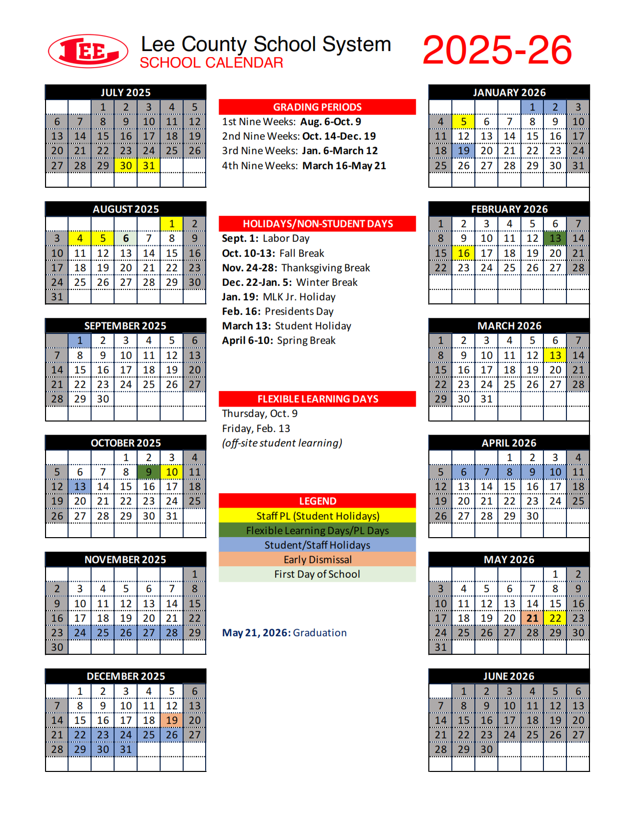 Lee County Schools Calendar 2025-2026 PDF