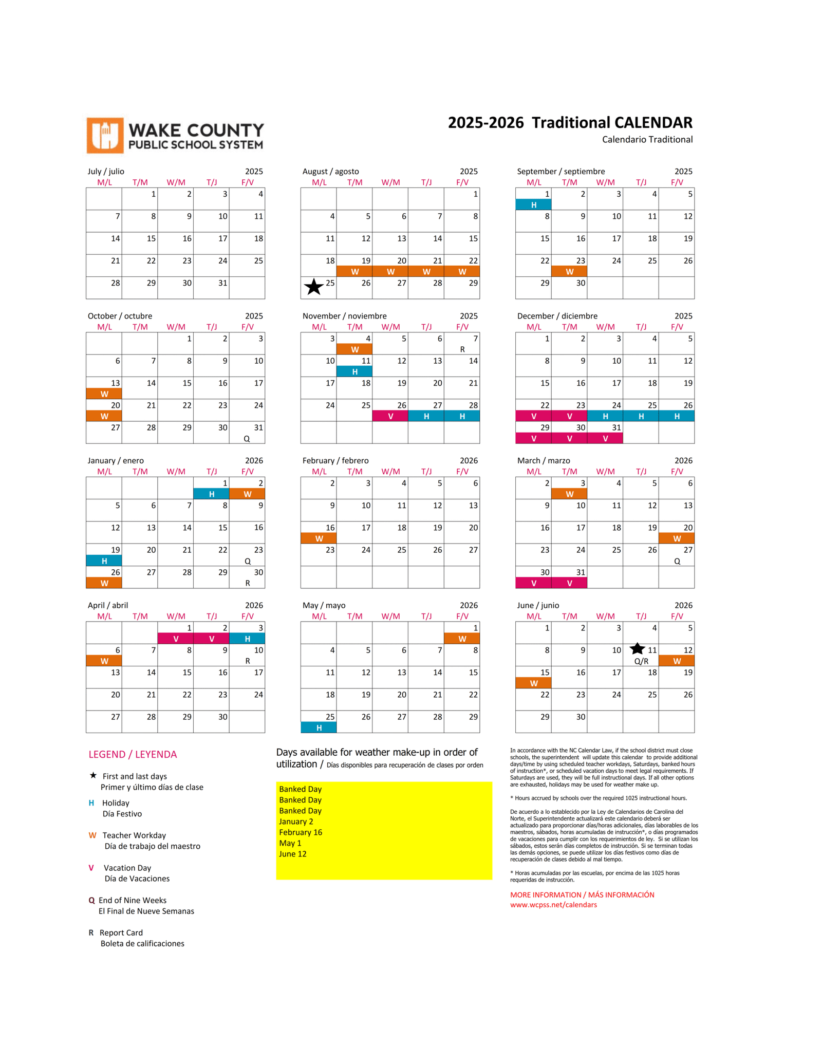 Wake County Public School Calendar 2025-2026 PDF