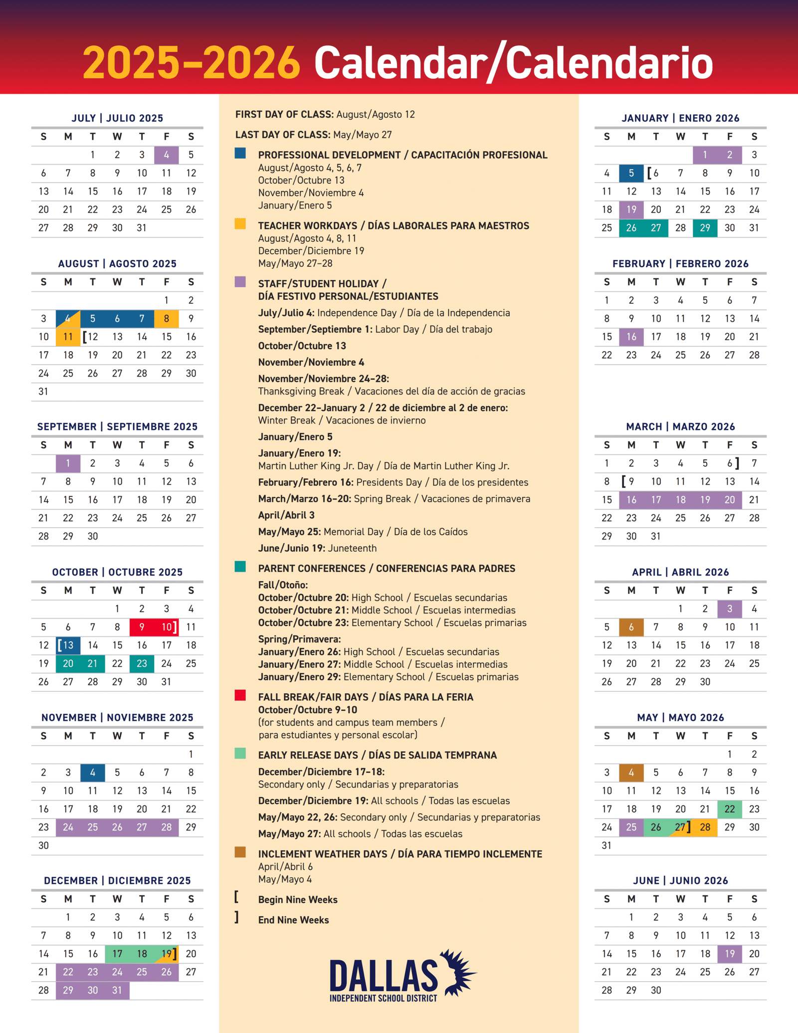 Dallas Independent School District Calendar 2025-26 PDF