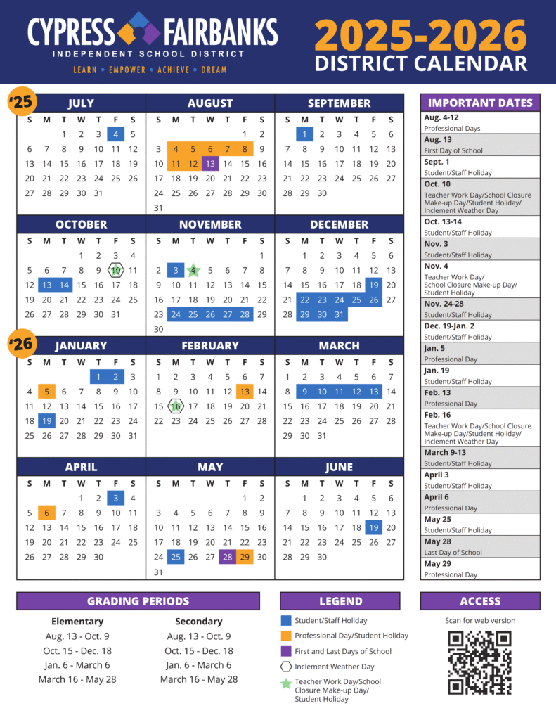 Cypress-Fairbanks Independent School District Calendar 2025-2026 PDF