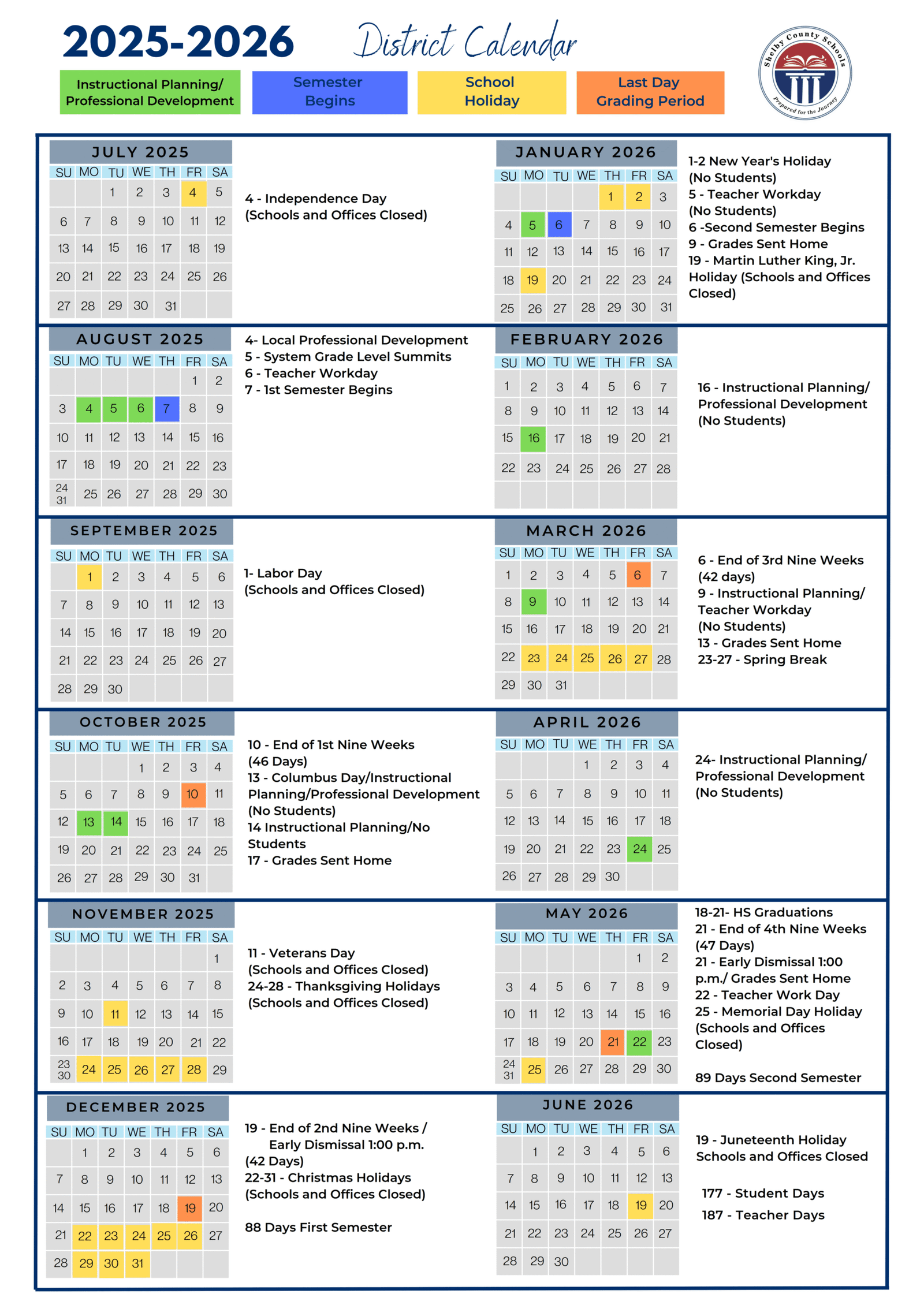 Shelby County Schools (TN) Calendar 2025-2026 PDF