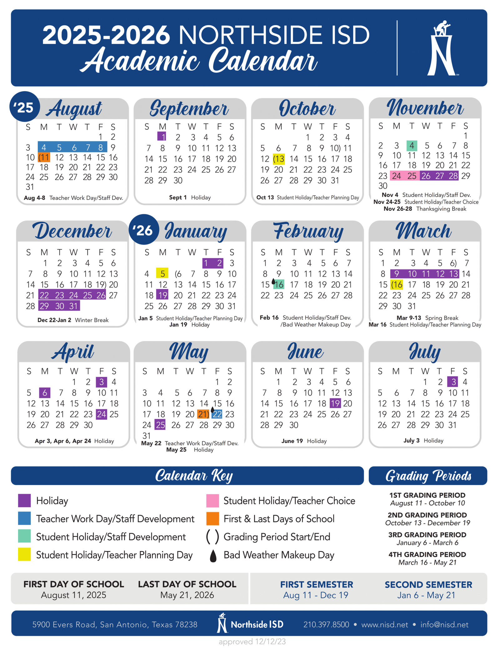Northside ISD (San Antonio) Calendar 2025-2026 PDF