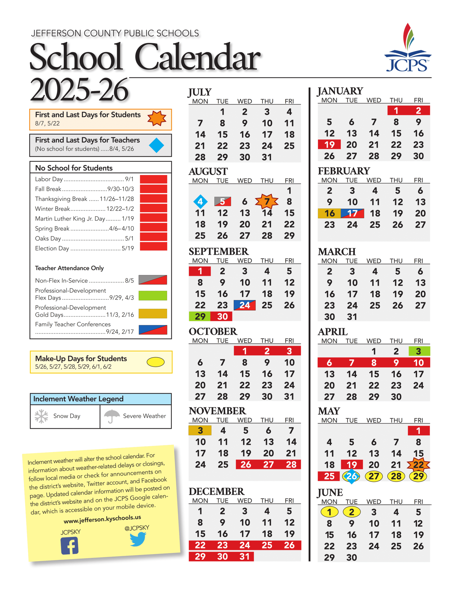Jefferson County Public Schools (KY) Calendar 2025-2026 PDF
