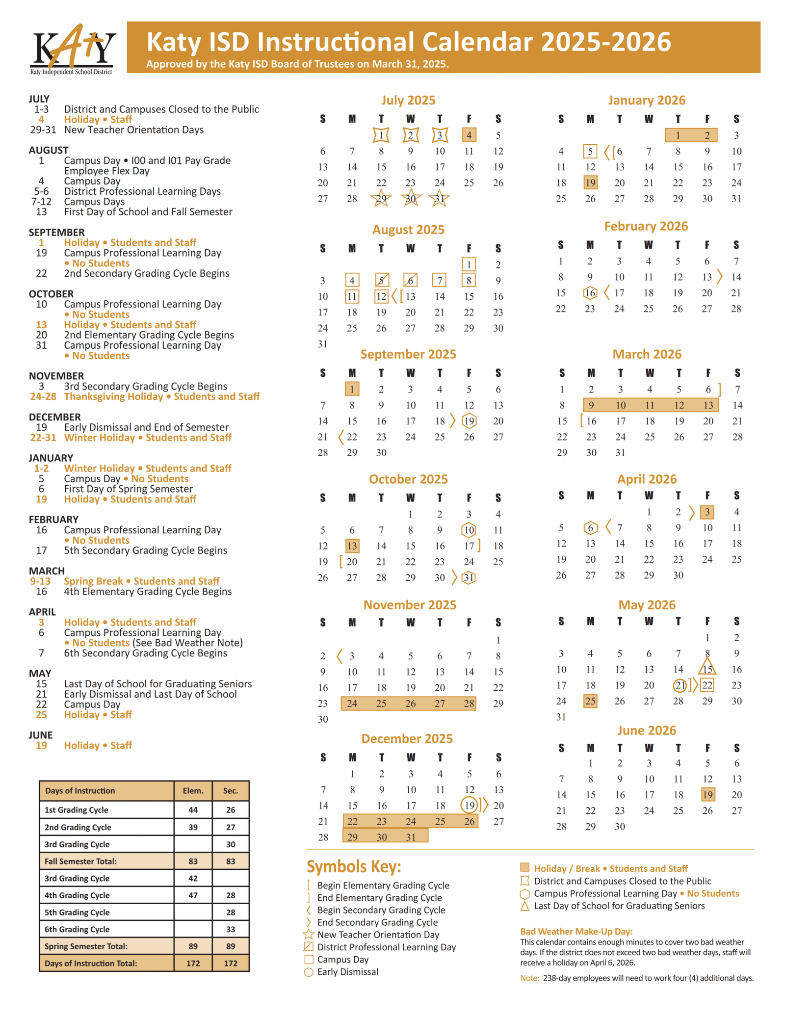 Katy Independent School District Calendar 2025-2026 PDF
