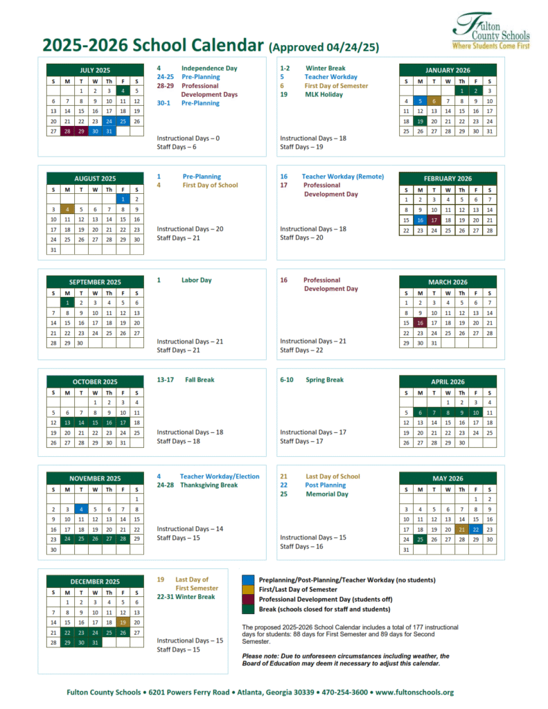 Fulton County Public Schools Calendar 2025-2026